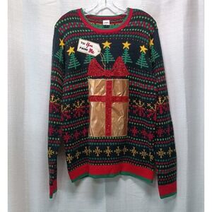 Holiday Time Men's M(38/40) Ugly Christmas Sweater Golden Gift Pocket Acrylic